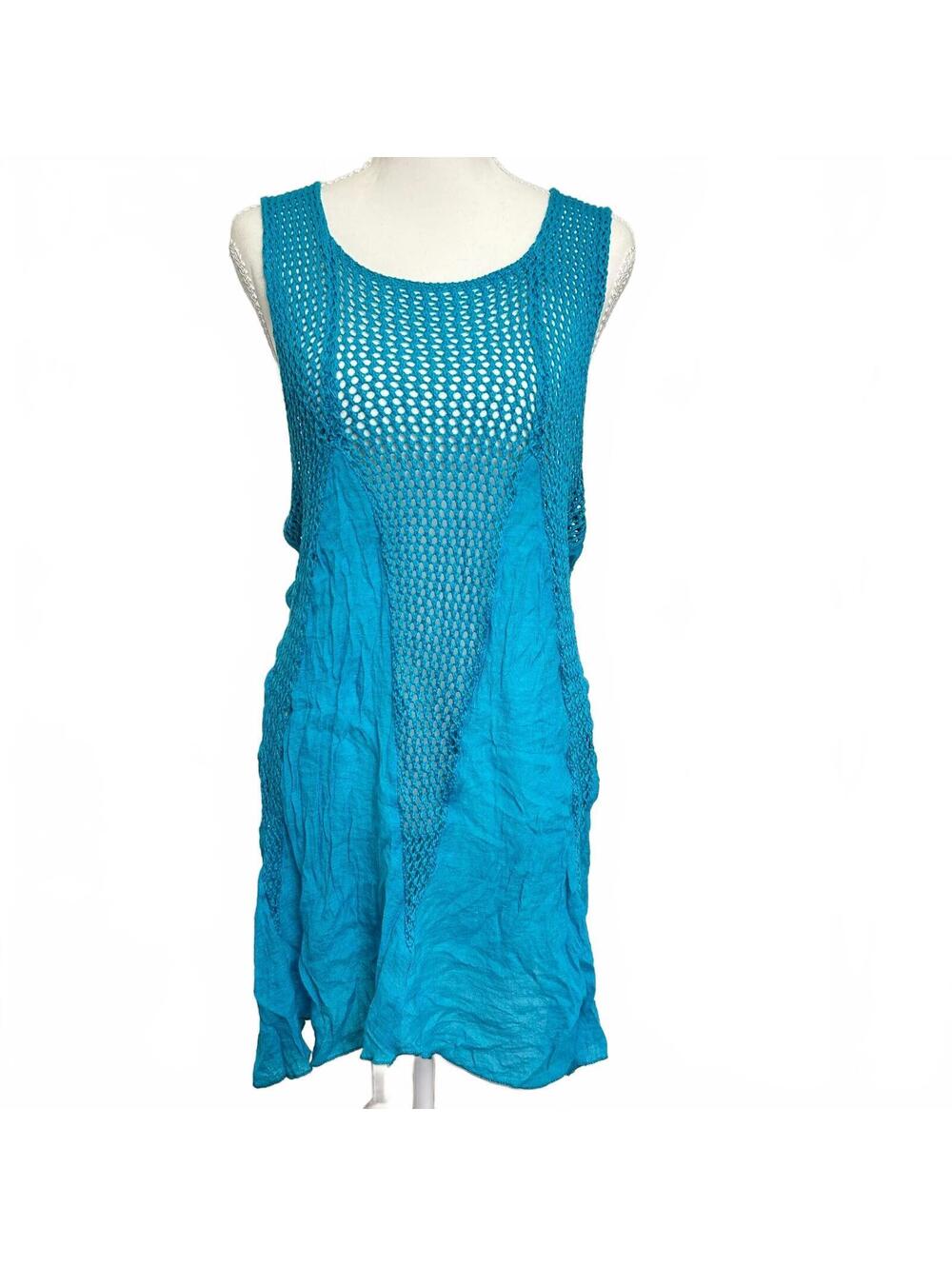 VTG Y2K Crochet Mesh Panel Sleeveless Mini Dress Women's S Turquoise Fairy